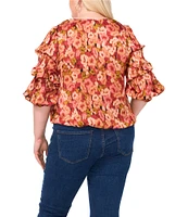 Vince Camuto Plus Size Woven Floral Print V-Neck Short Ruffle Sleeve Blouse