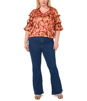 Vince Camuto Plus Size Woven Floral Print V-Neck Short Ruffle Sleeve Blouse