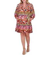 Vince Camuto Plus Size Woven Floral Print V-Neck Tie Long Sleeve Belted Dress