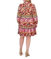 Vince Camuto Plus Size Woven Floral Print V-Neck Tie Long Sleeve Belted Dress