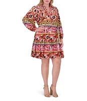 Vince Camuto Plus Size Woven Floral Print V-Neck Tie Long Sleeve Belted Dress