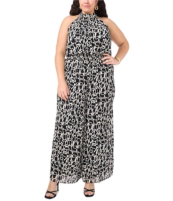 Vince Camuto Plus Size Woven Geometric Print Halter Neck Sleeveless Smocked Waist Flounce Long Leg Jumpsuit