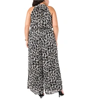 Vince Camuto Plus Size Woven Geometric Print Halter Neck Sleeveless Smocked Waist Flounce Long Leg Jumpsuit