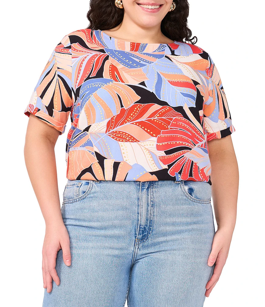 Vince Camuto Plus Size Woven Crew Tropical Palm Print Boat Neck Short Sleeve Blouse