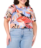 Vince Camuto Plus Size Woven Crew Tropical Palm Print Boat Neck Short Sleeve Blouse