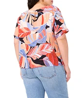 Vince Camuto Plus Size Woven Crew Tropical Palm Print Boat Neck Short Sleeve Blouse
