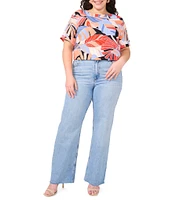 Vince Camuto Plus Size Woven Crew Tropical Palm Print Boat Neck Short Sleeve Blouse