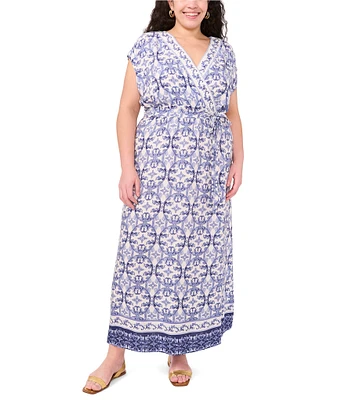 Vince Camuto Plus Size Woven Printed V-Neck Cap Sleep Tie Front Maxi Wrap Dress