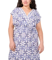 Vince Camuto Plus Size Woven Printed V-Neck Cap Sleep Tie Front Maxi Wrap Dress