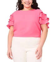 Vince Camuto Plus Size Woven Round Neck Tiered Ruffle Short Sleeve Blouse
