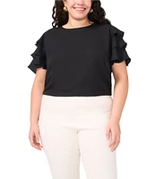 Vince Camuto Plus Size Woven Round Neck Tiered Ruffle Short Sleeve Blouse