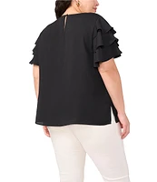 Vince Camuto Plus Size Woven Round Neck Tiered Ruffle Short Sleeve Blouse