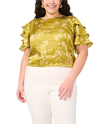 Vince Camuto Plus Size Absrtact Floral Woven Round Neck Tiered Ruffle Short Sleeve Blouse