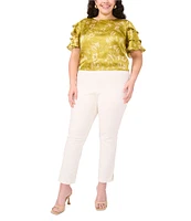 Vince Camuto Plus Size Absrtact Floral Woven Round Neck Tiered Ruffle Short Sleeve Blouse