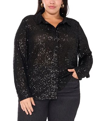 Vince Camuto Plus Size Woven Sequin Point Collar Long Sleeve Button Front Shirttail Blouse