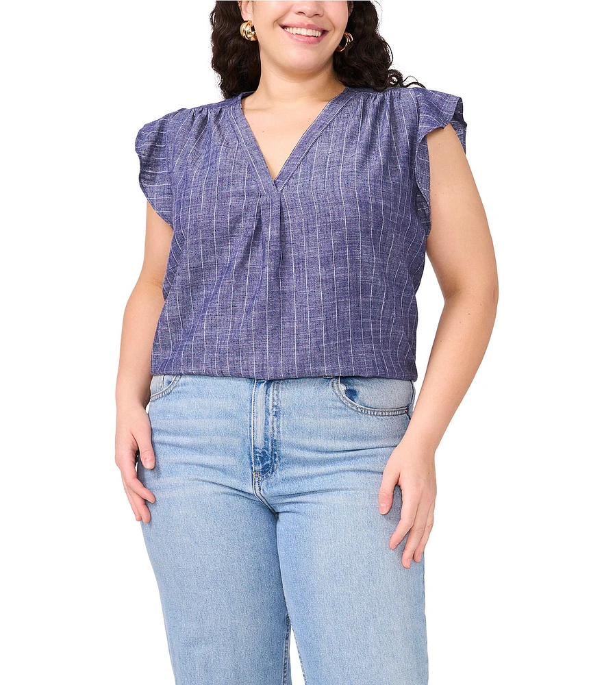 Vince Camuto Plus Size Woven Striped V-Neck Ruffle Sleeve Blouse