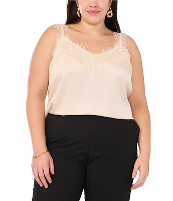 Vince Camuto Plus Size Woven V-Neck Sleeveless Lace Trim Blouse