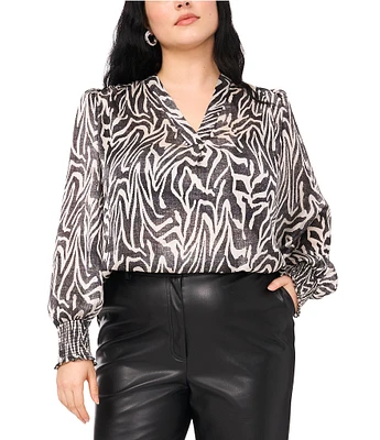 Vince Camuto Plus Size Woven Zebra Print V-Neck Long Sleeve Blouse