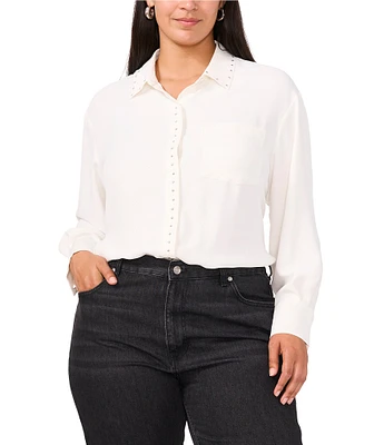 Vince Camuto Plus Woven Stud Embellished Point Collar Long Sleeve Button Down Shirttail Blouse