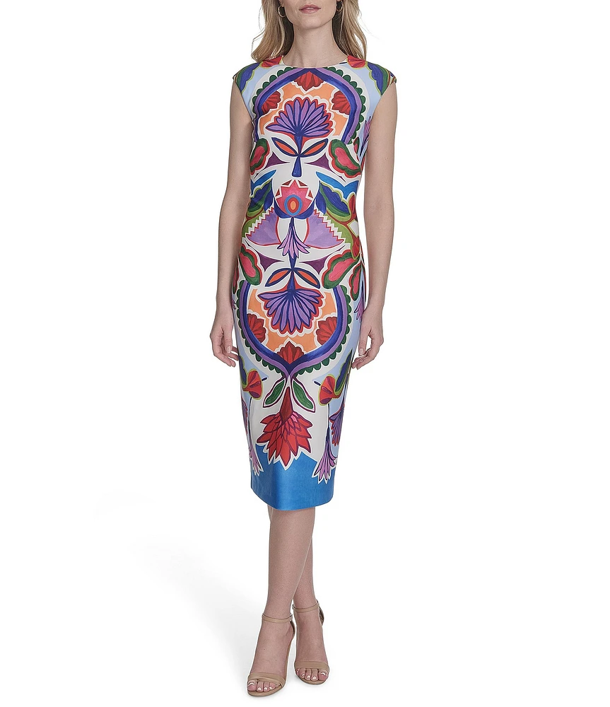 Vince Camuto Printed Boat Neck Cap Sleeve Midi Bodycon Dress