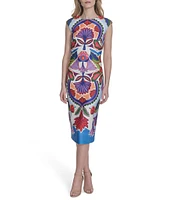 Vince Camuto Printed Boat Neck Cap Sleeve Midi Bodycon Dress