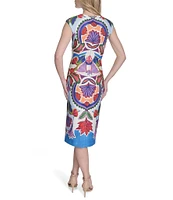 Vince Camuto Printed Boat Neck Cap Sleeve Midi Bodycon Dress