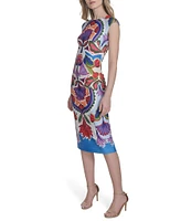 Vince Camuto Printed Boat Neck Cap Sleeve Midi Bodycon Dress