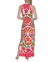 Vince Camuto Printed Halter Neck Sleeveless Belted Maxi A-Line Dress