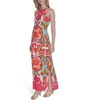 Vince Camuto Printed Halter Neck Sleeveless Belted Maxi A-Line Dress
