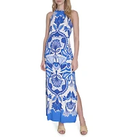 Vince Camuto Printed Halter Neck Sleeveless Belted Maxi A-Line Dress