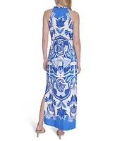 Vince Camuto Printed Halter Neck Sleeveless Belted Maxi A-Line Dress