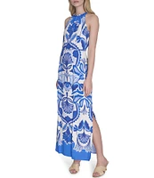 Vince Camuto Printed Halter Neck Sleeveless Belted Maxi A-Line Dress
