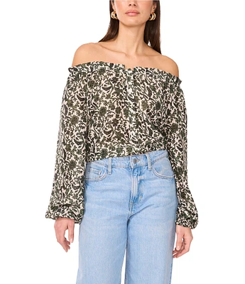 Vince Camuto Printed Off-The-Shoulder Long Sleeve Button Front Blouse