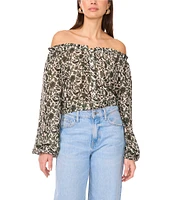 Vince Camuto Printed Off-The-Shoulder Long Sleeve Button Front Blouse