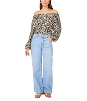 Vince Camuto Printed Off-The-Shoulder Long Sleeve Button Front Blouse
