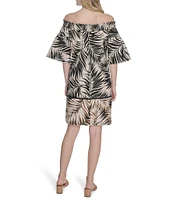 Vince Camuto Leaf Printed Poplin Off-The-Shoulder Short Sleeve Shift Dress
