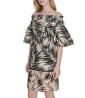 Vince Camuto Leaf Printed Poplin Off-The-Shoulder Short Sleeve Shift Dress