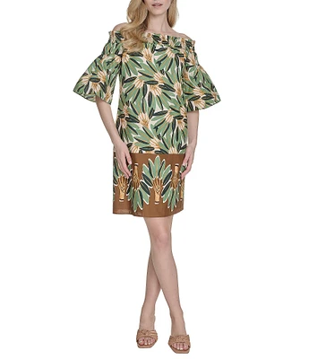 Vince Camuto Printed Poplin Off-The-Shoulder Short Sleeve Shift Dress