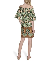 Vince Camuto Printed Poplin Off-The-Shoulder Short Sleeve Shift Dress