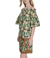 Vince Camuto Printed Poplin Off-The-Shoulder Short Sleeve Shift Dress