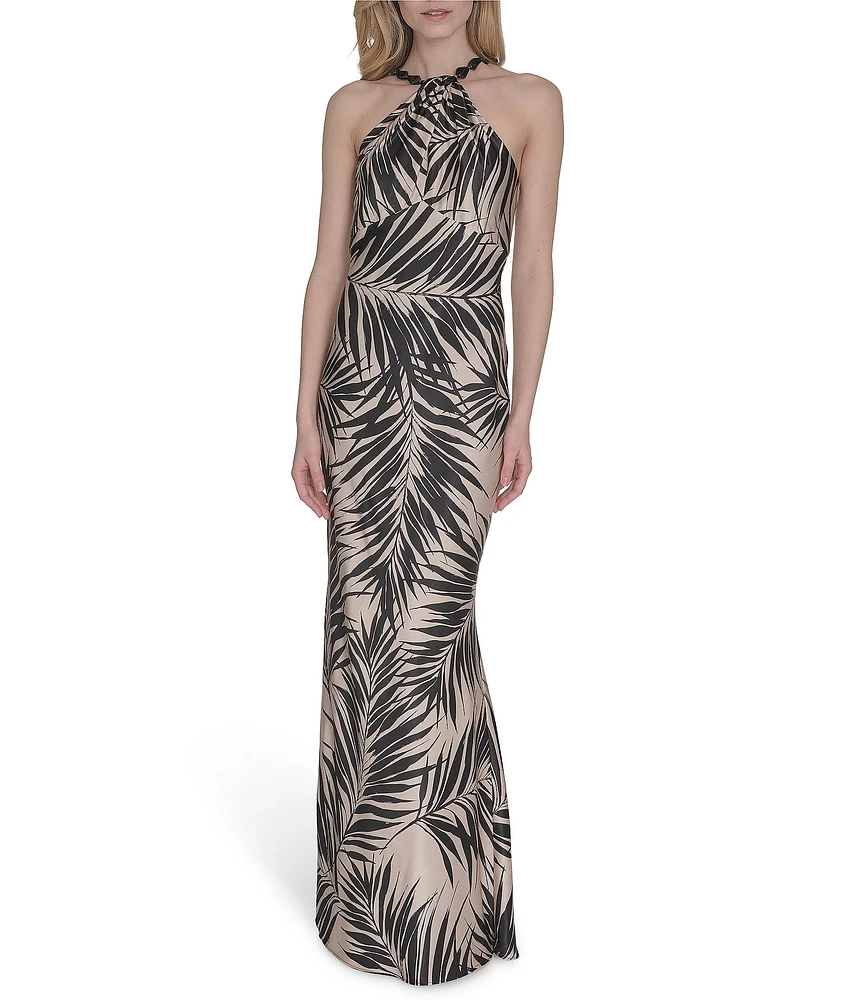 Vince Camuto Printed Satin Beaded Halter Neck Sleeveless Gown