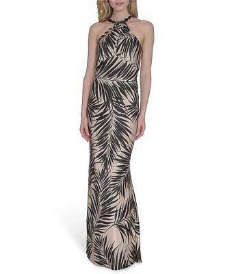 Vince Camuto Printed Satin Beaded Halter Neck Sleeveless Gown