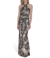 Vince Camuto Printed Satin Beaded Halter Neck Sleeveless Gown