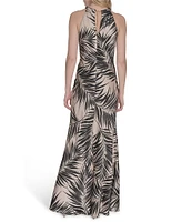 Vince Camuto Printed Satin Beaded Halter Neck Sleeveless Gown