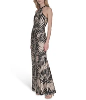 Vince Camuto Printed Satin Beaded Halter Neck Sleeveless Gown