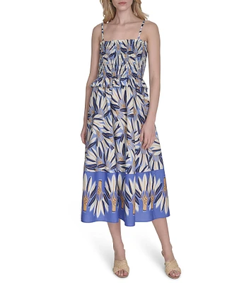 Vince Camuto Printed Square Neck Sleeveless Smocked Midi Dress