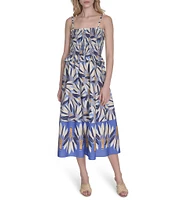 Vince Camuto Printed Square Neck Sleeveless Smocked Midi Dress