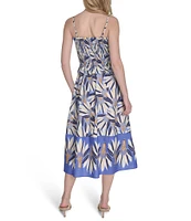 Vince Camuto Printed Square Neck Sleeveless Smocked Midi Dress