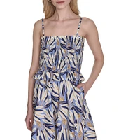 Vince Camuto Printed Square Neck Sleeveless Smocked Midi Dress