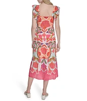 Vince Camuto Printed Square Neck Sleeveless Tiered Midi Dress